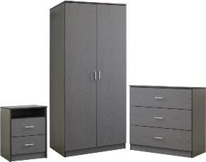 Felix Bedroom Set in Grey - 2 Door Wardrobe - 3 Drw Chest - 2 Drw Bedside.