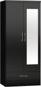 Nevada Black Gloss 2 Door 1 Drawer Wardrobe With Mirror