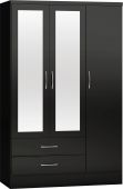 Nevada Black Gloss 3 Door 2 Drawer Mirrored Wardrobe