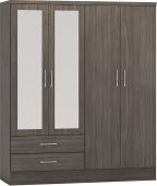 Nevada Black Wood Grain 4 Door 2 Drawer Mirrored Wardrobe