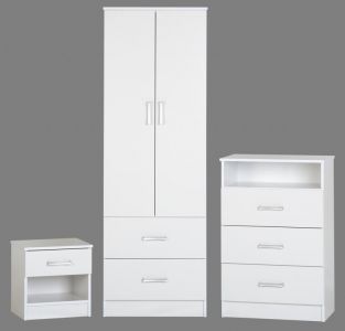 Polar White 2 Door Robe, 3 drawer chest, 1 drw bedside package offer.