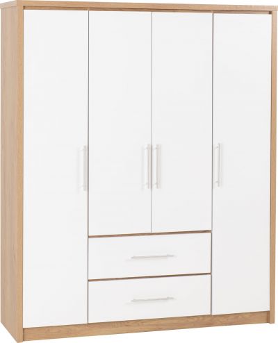 Seville High Gloss 4 Door 2 Drawer Wardrobe - White